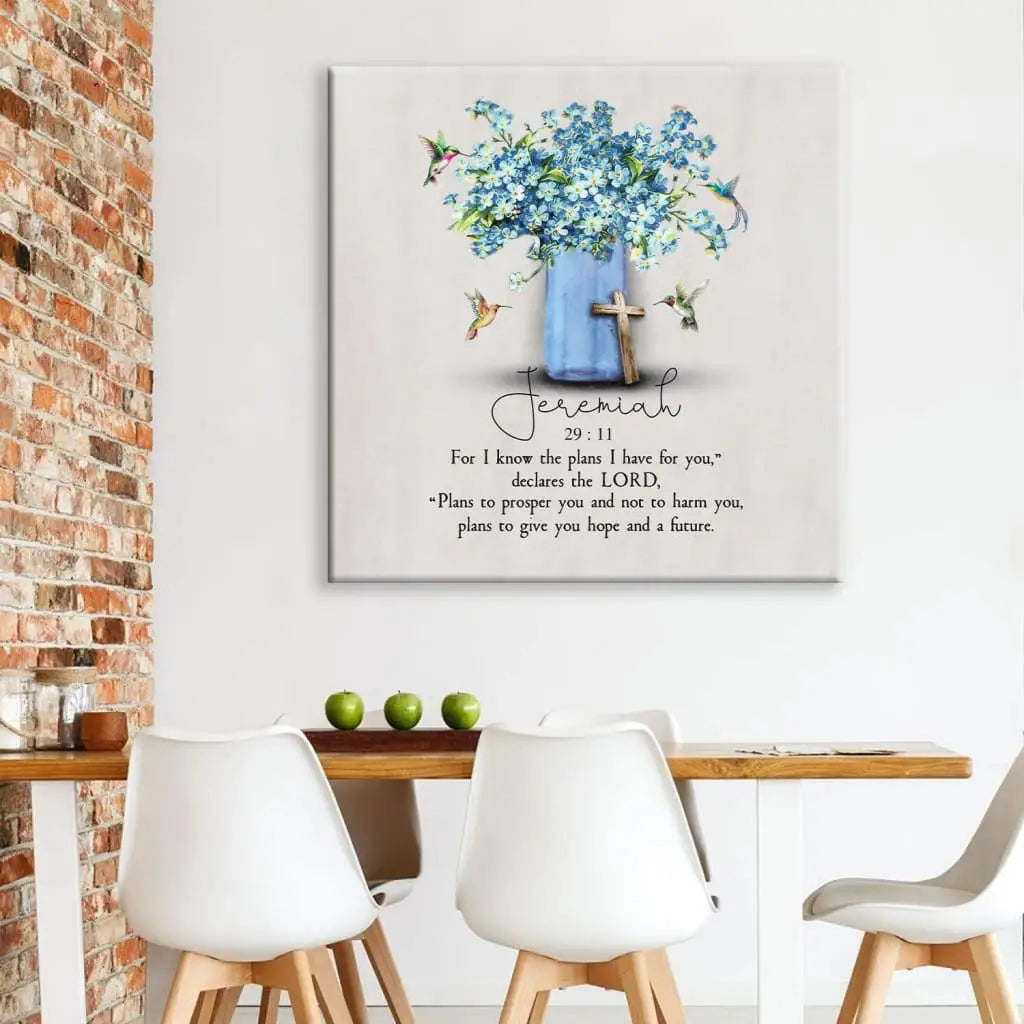 Religious wall art canvas with Jeremiah 29:11 NIV, hummingbird, and flowers, "For I Know The Plans," perfect for faith-filled decor.