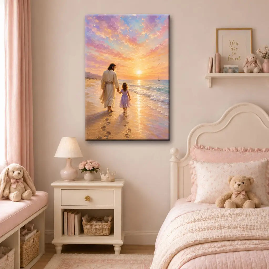 Jesus and little girl beach sunset canvas print with footprints faith inspired decor