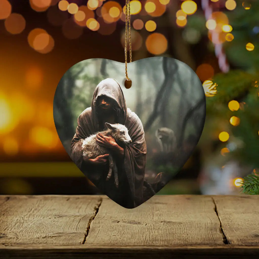 Jesus carrying a lost sheep ornament, symbolizing God's love and faith in Christian Christmas decor / Heart.