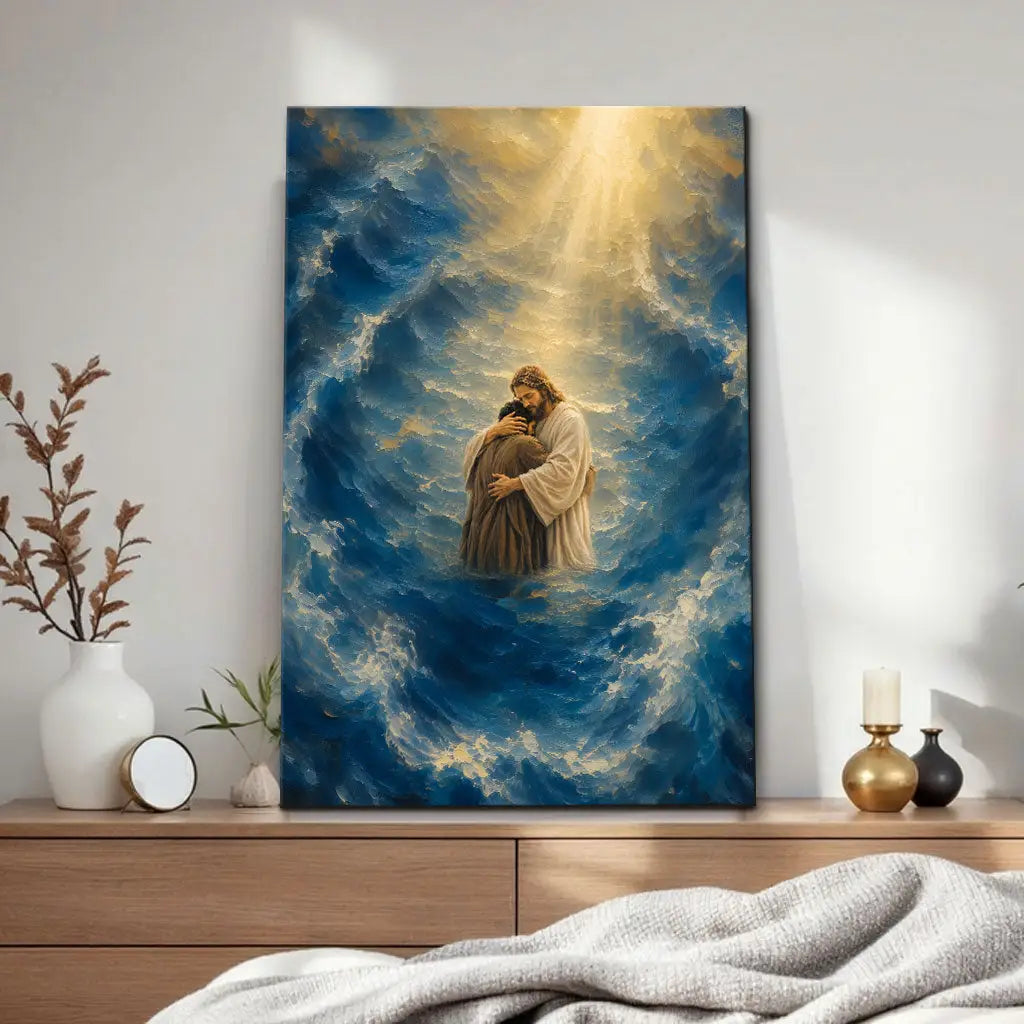 Jesus Holding a Man in the Storm Christian Canvas Wall Art