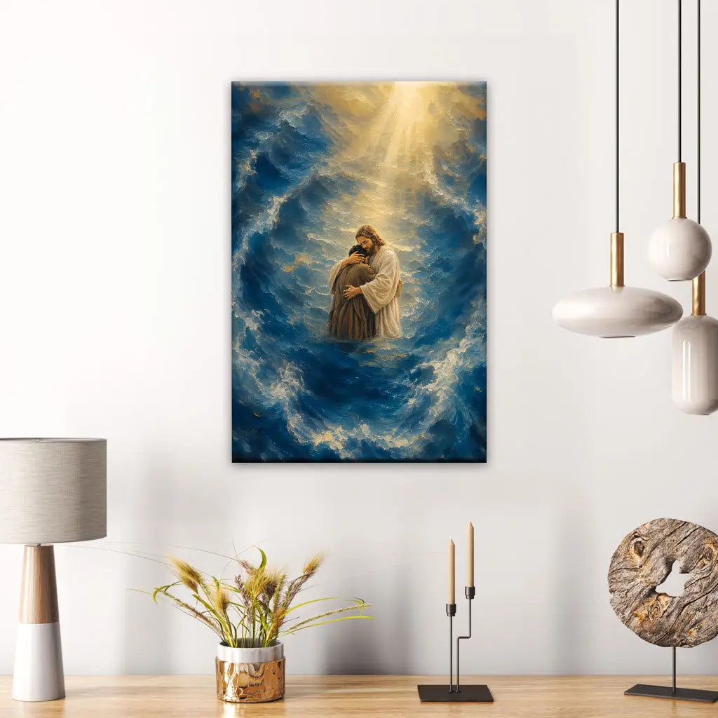 Jesus Holding a Man in the Storm Christian Canvas Wall Art