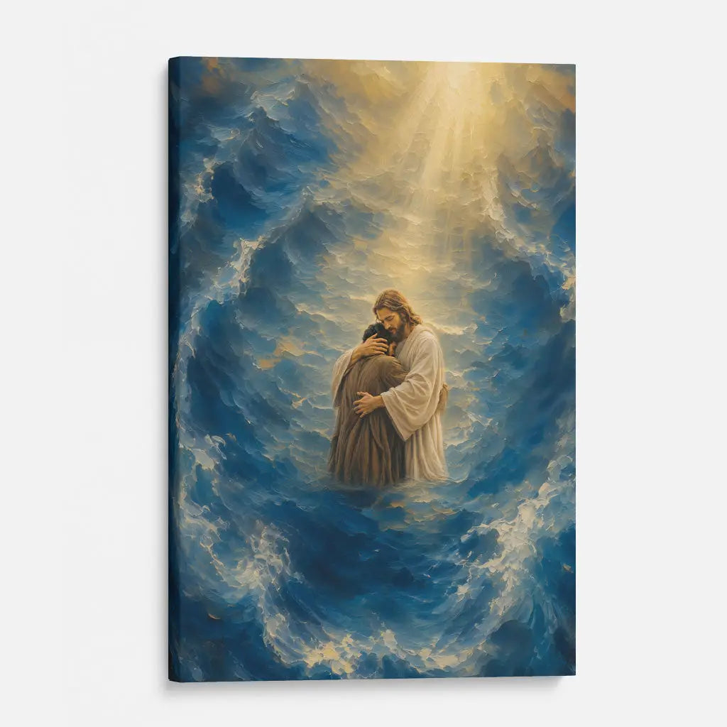 Jesus Holding a Man in the Storm Christian Canvas Wall Art