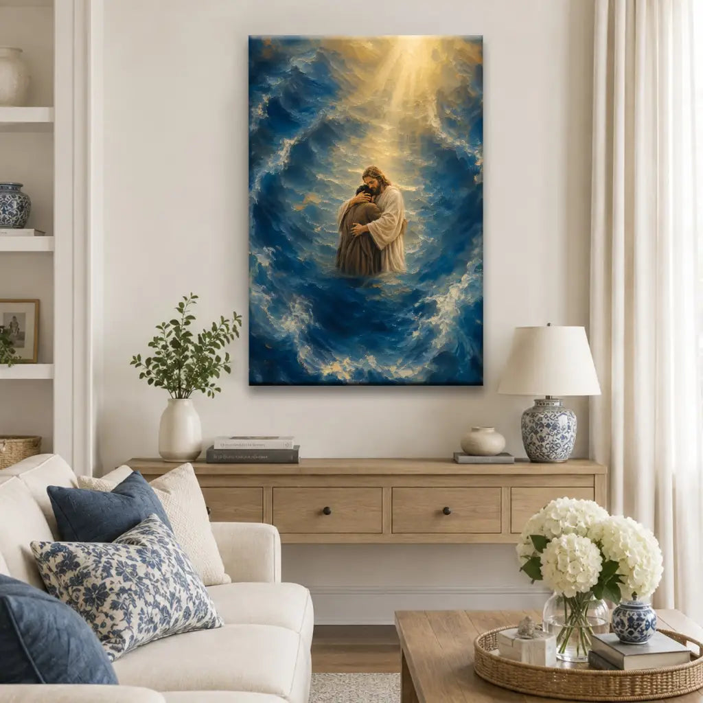 Jesus Holding a Man in the Storm Christian Canvas Wall Art