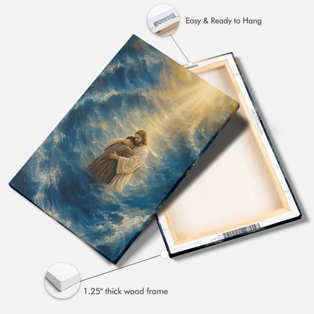Jesus Holding a Man in the Storm Christian Canvas Wall Art