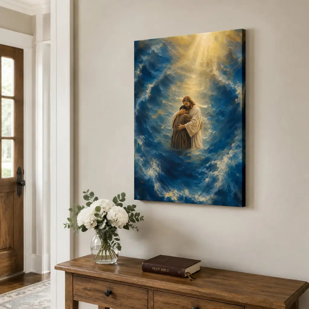 Jesus Holding a Man in the Storm Christian Canvas Wall Art