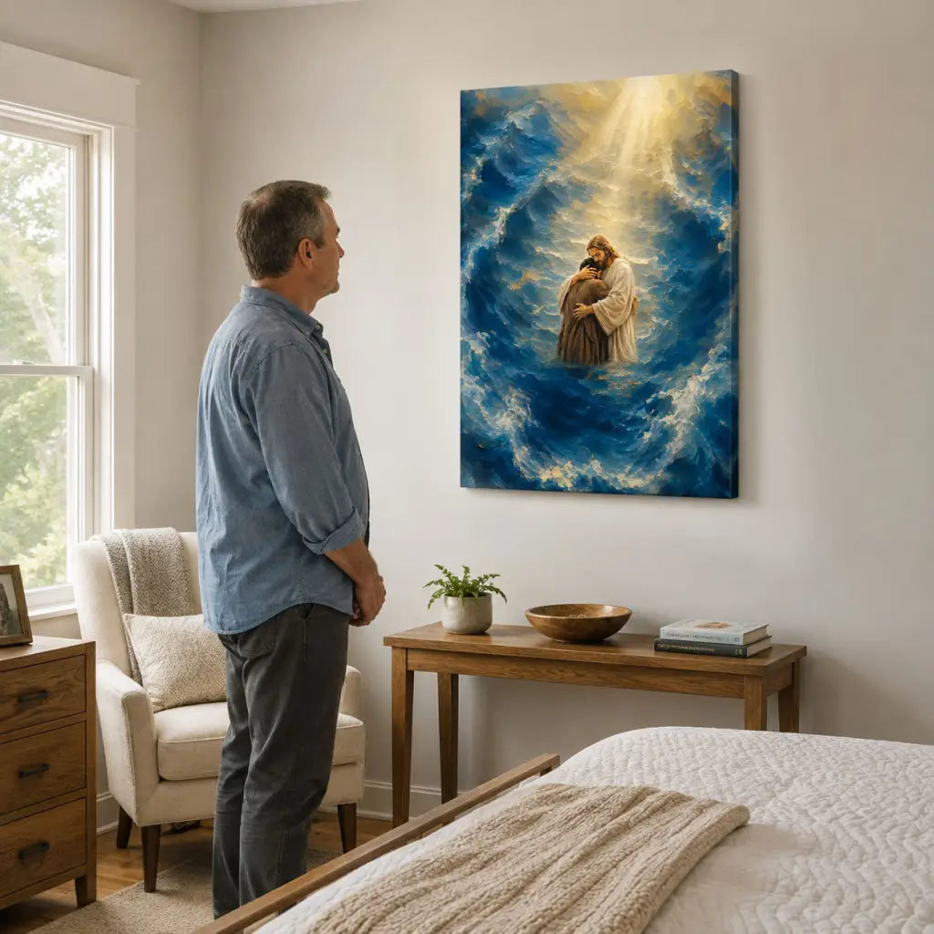 Jesus Holding a Man in the Storm Christian Canvas Wall Art