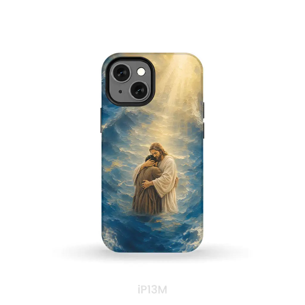 Jesus Holding a Man in the Storm Christian Phone Case iPhone 13 Mini / Tough Case