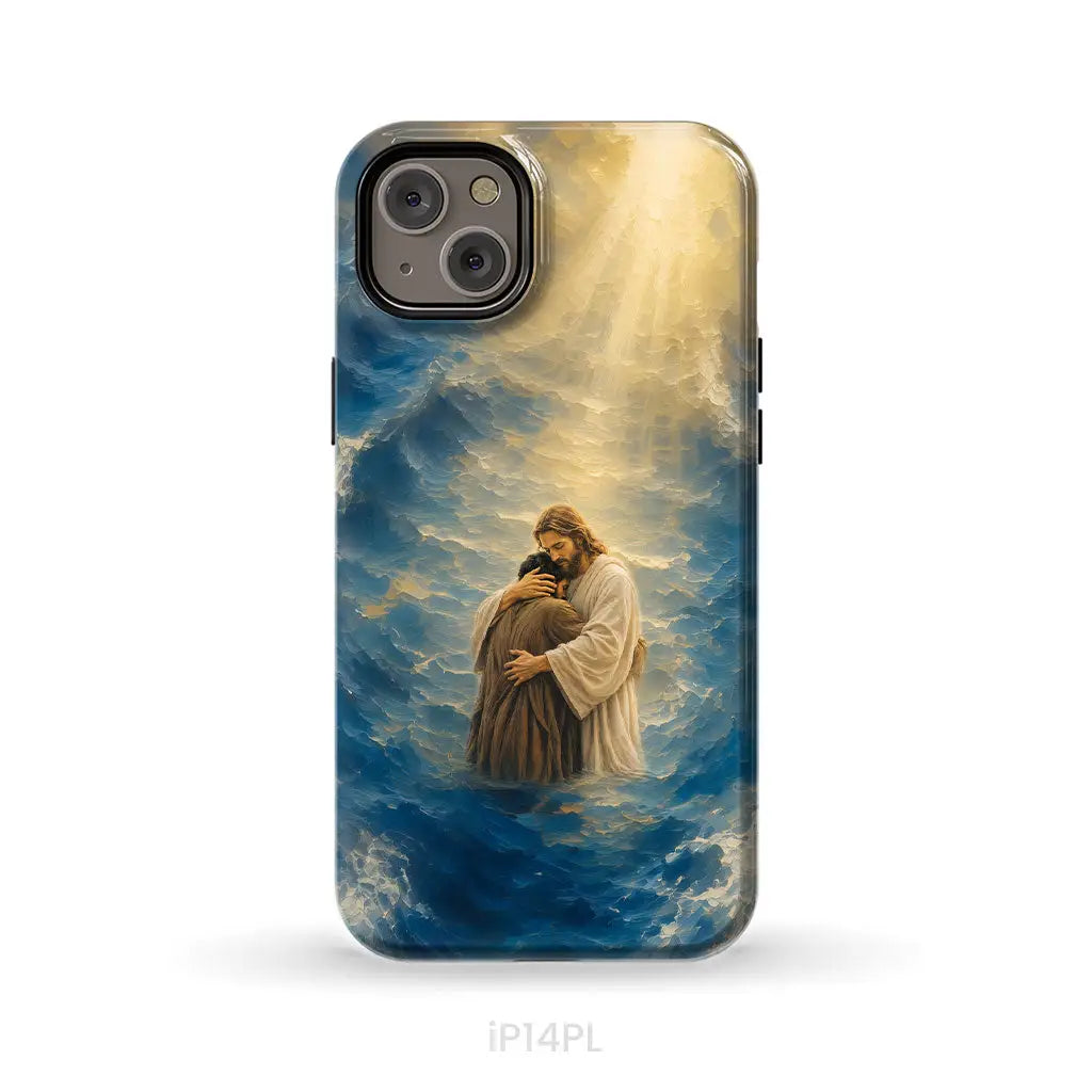 Jesus Holding a Man in the Storm Christian Phone Case iPhone 14 Plus / Tough Case