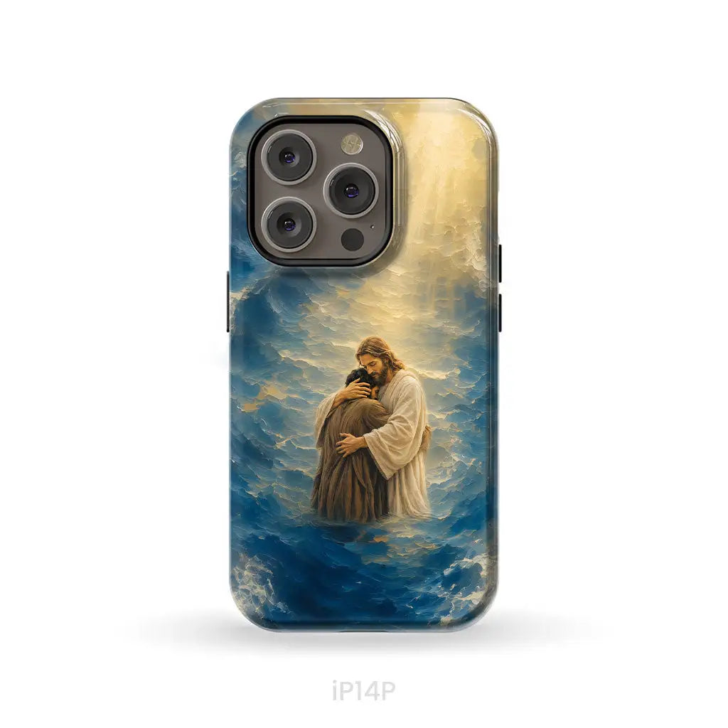Jesus Holding a Man in the Storm Christian Phone Case iPhone 14 Pro / Tough Case