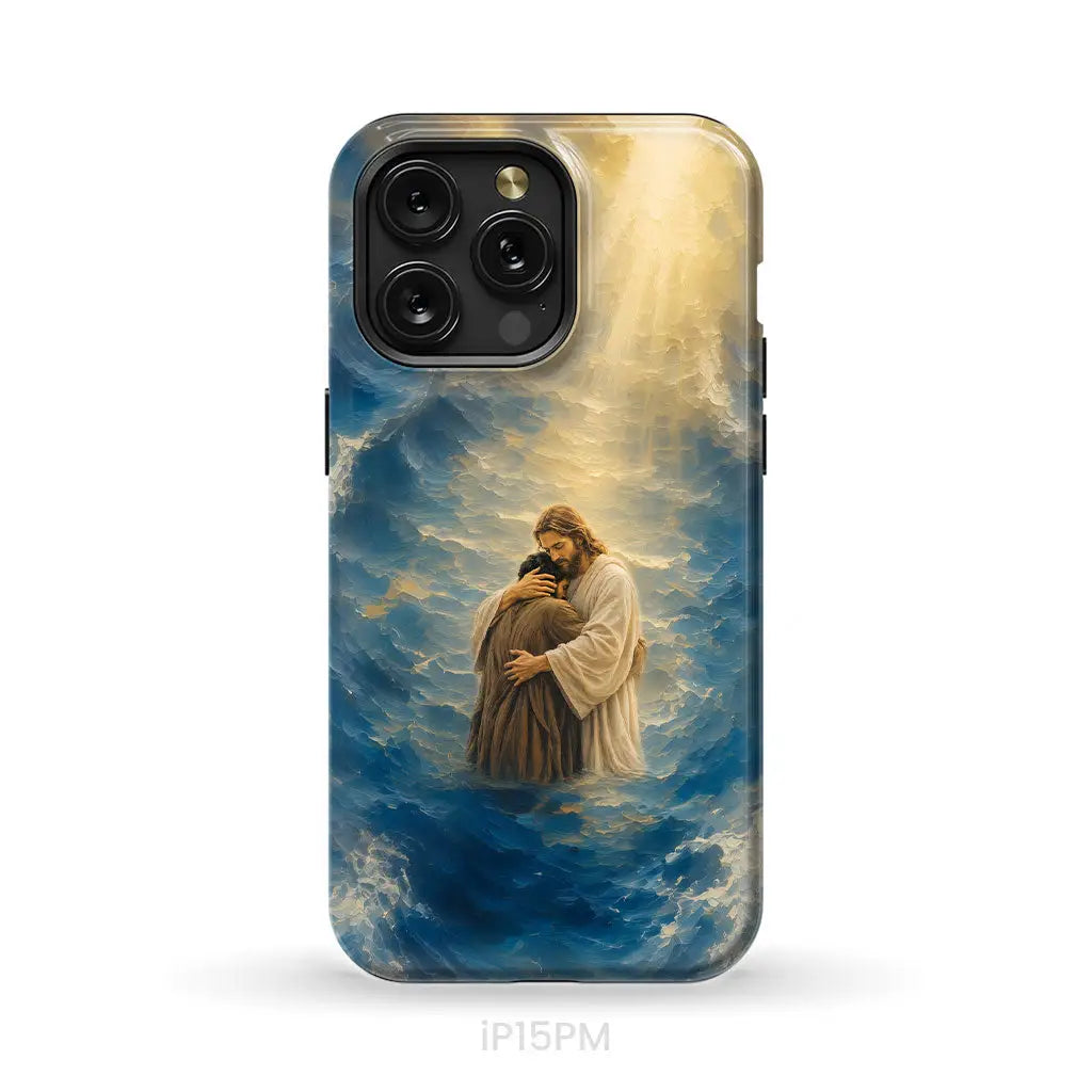 Jesus Holding a Man in the Storm Christian Phone Case iPhone 15 Pro Max / Tough Case