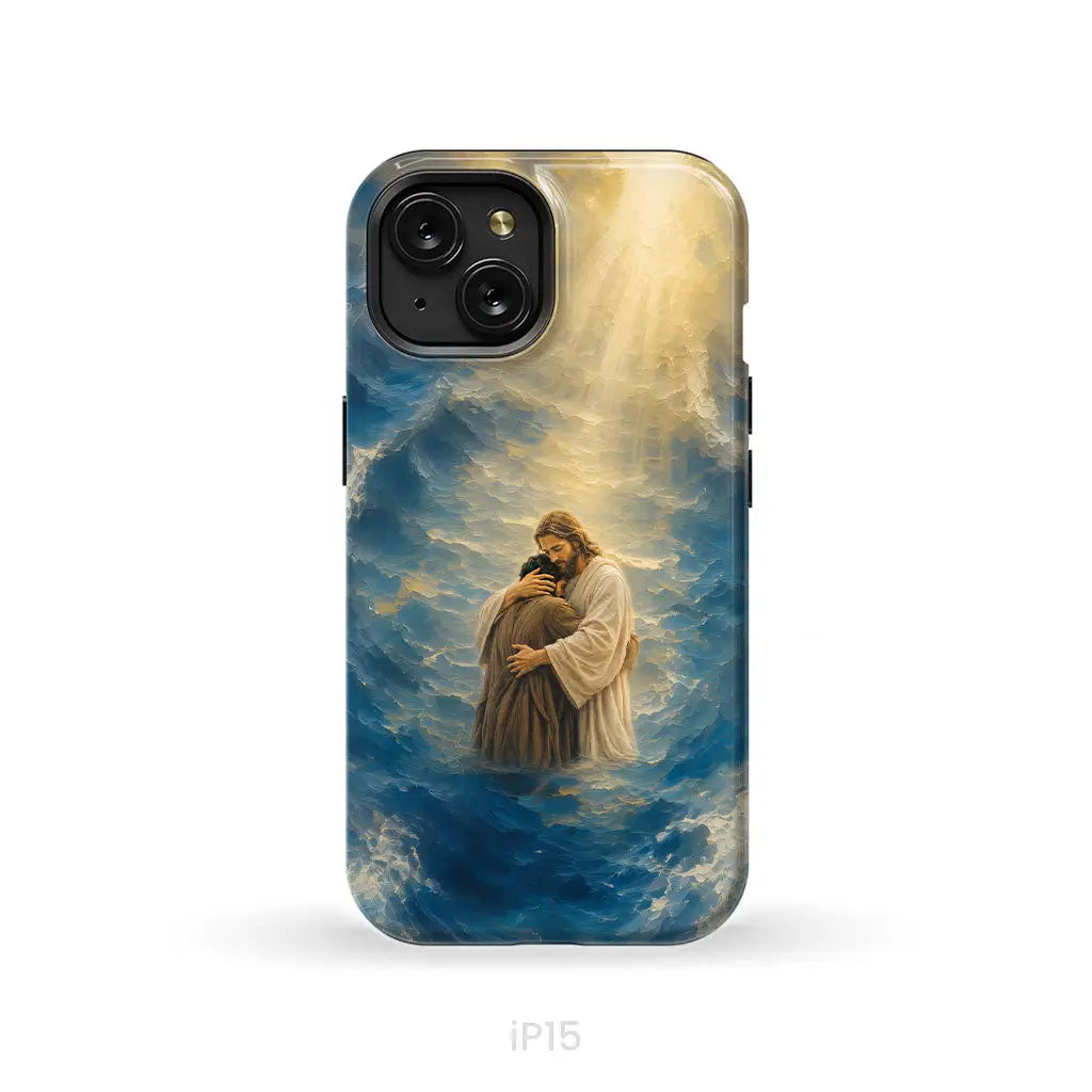 Jesus Holding a Man in the Storm Christian Phone Case iPhone 15 / Tough Case