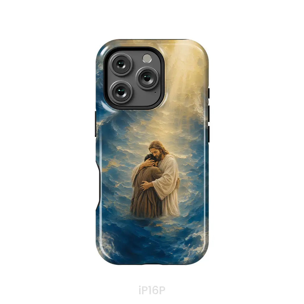 Jesus Holding a Man in the Storm Christian Phone Case iPhone 16 Pro / Tough Case