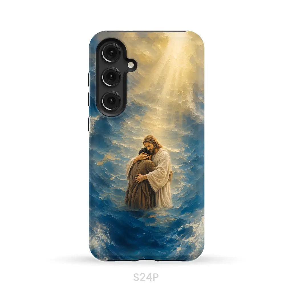 Jesus Holding a Man in the Storm Christian Phone Case Samsung Galaxy S24 Plus / Tough Case