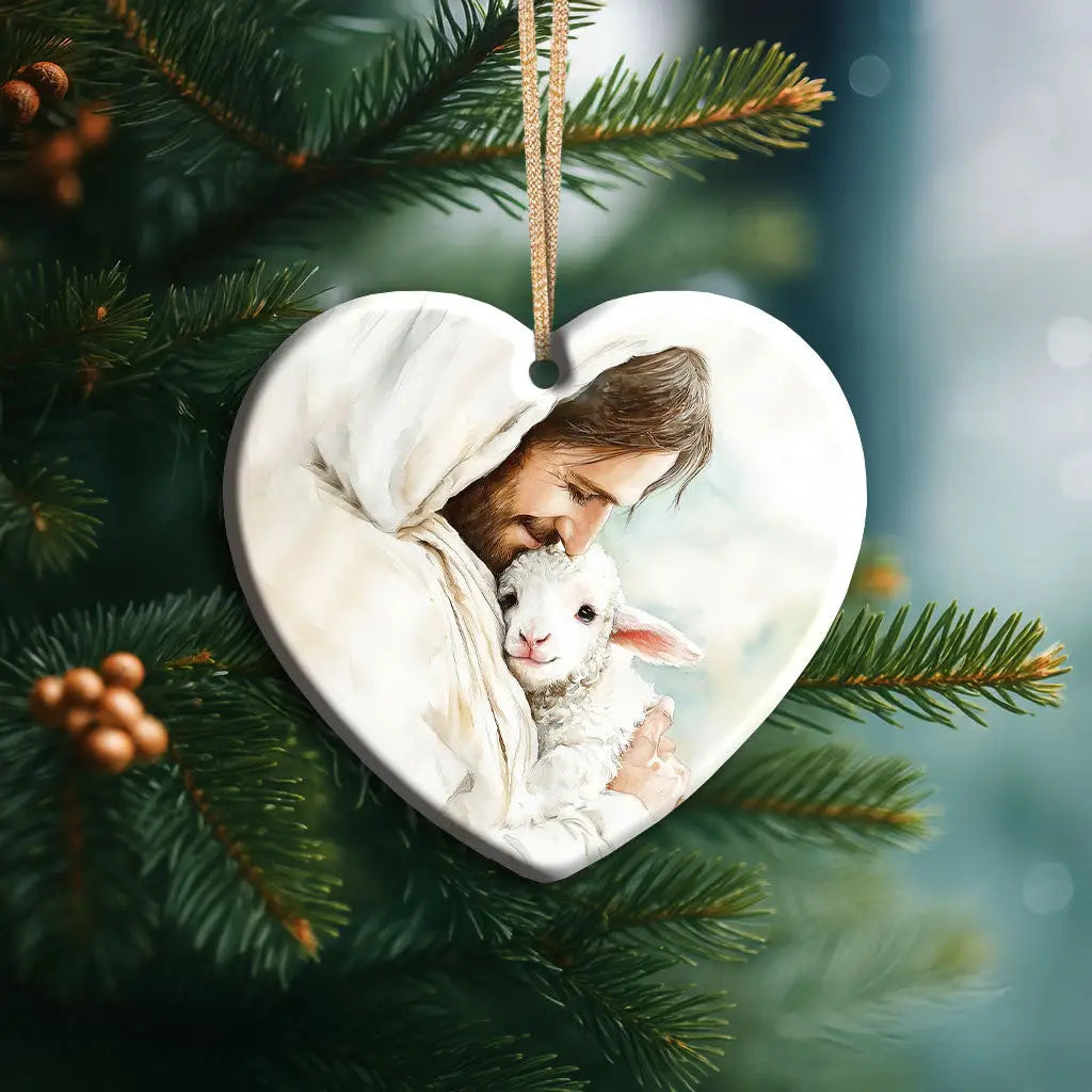 Jesus Holding the Lost Lamb – Good Shepherd Christian Ornament Heart / 1-pack