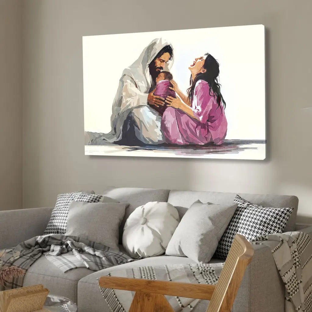 Jesus artwork, "Jesus Is Close to the Brokenhearted Woman" Christian wall art canvas, faith-inspired home decor.