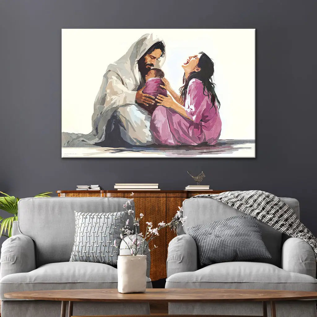 Inspirational Christian wall art, "Jesus Is Close to the Brokenhearted Woman," for faith and healing / Pink.