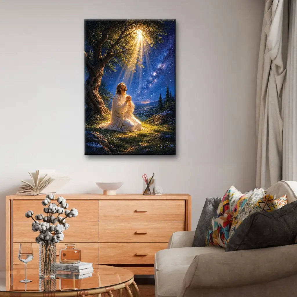 Jesus praying at Gethsemane Matthew 26:39 Christian wall art canvas with heavenly light