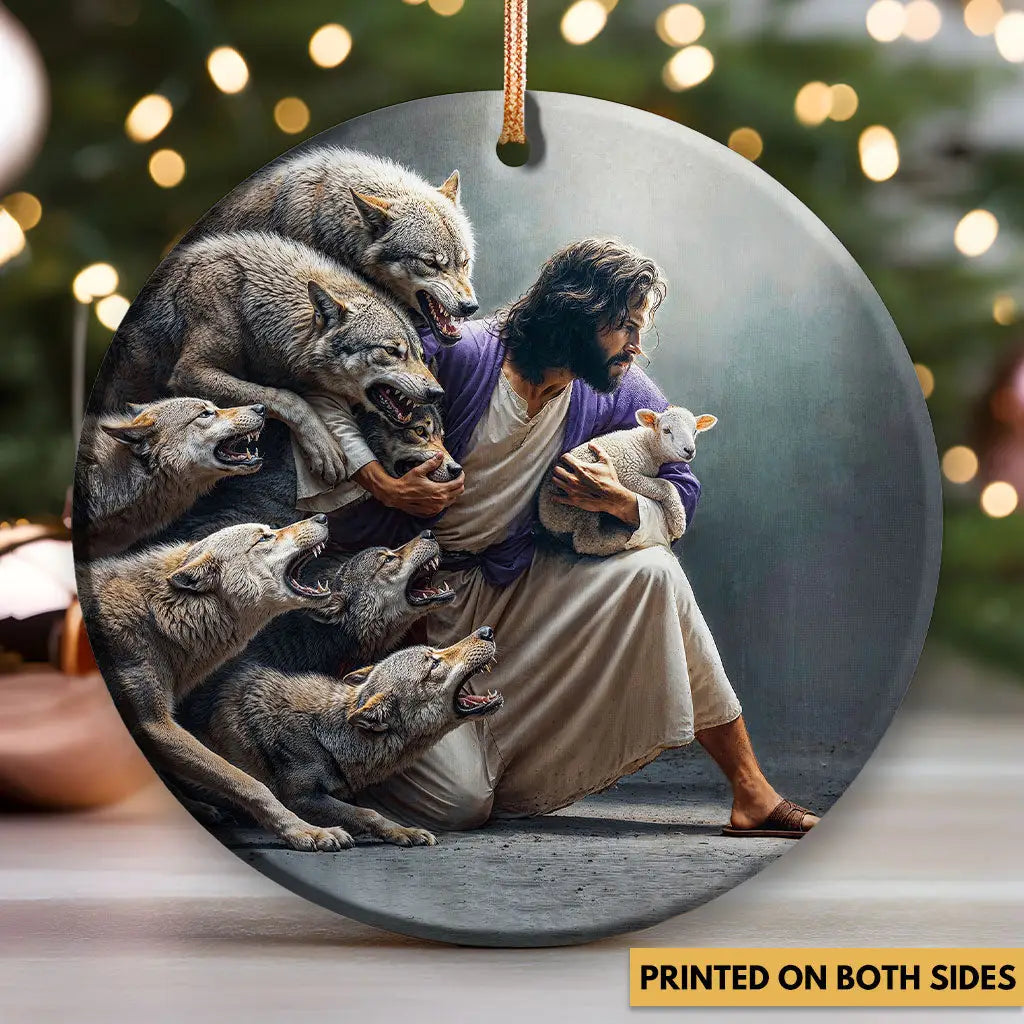 Inspiring ornament of Jesus guarding a lamb from danger, representing strength and compassion.