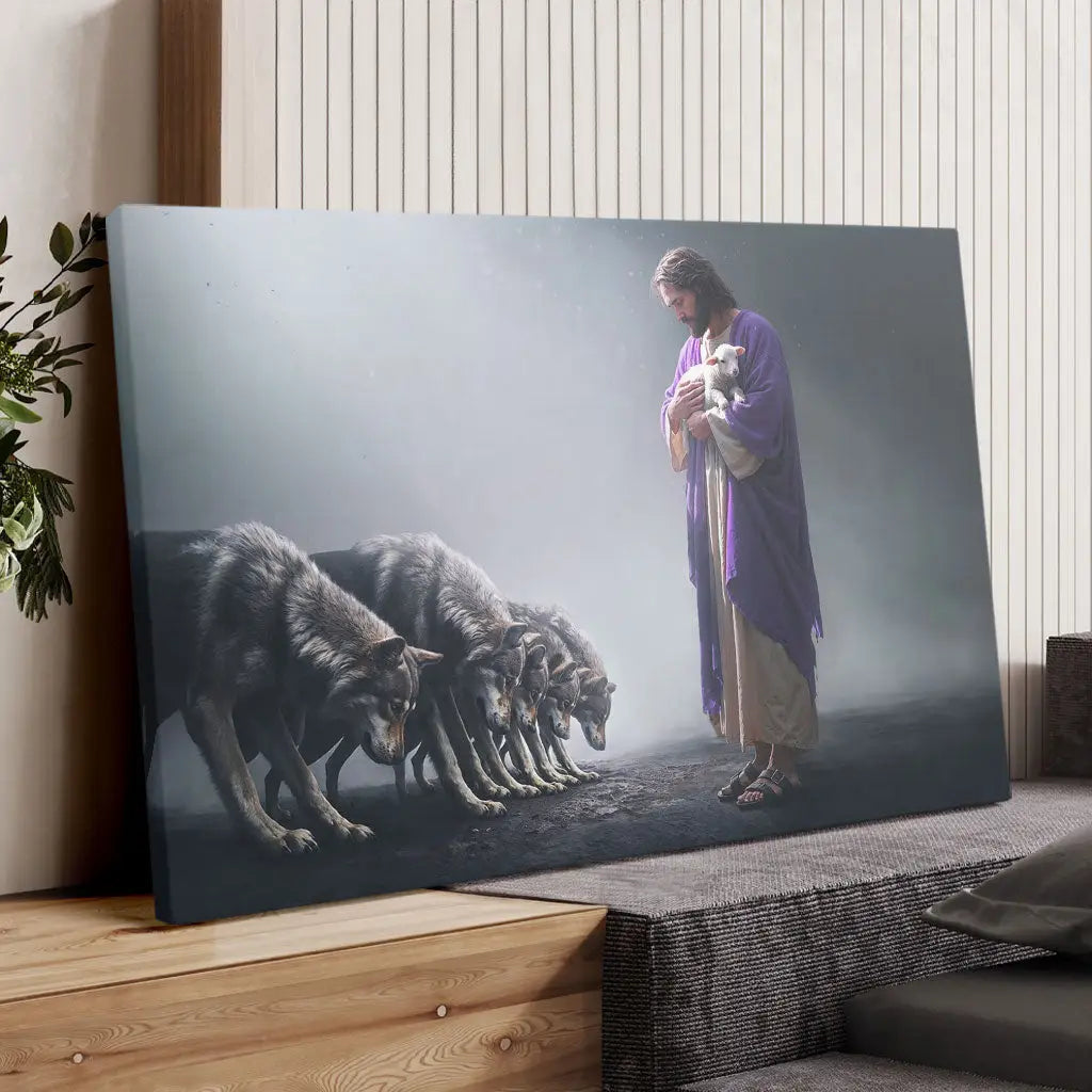 "Jesus Holds a Lamb as Wolves Bow Down" canvas, a meaningful Christian gift reflecting God’s authority, faith, and salvation.
