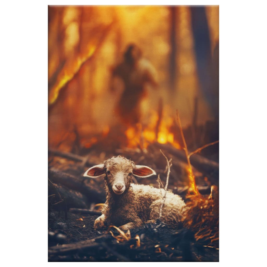 Christian art of Jesus rescuing a lamb from the fire, perfect for Christian gifts and uplifting home decor.
