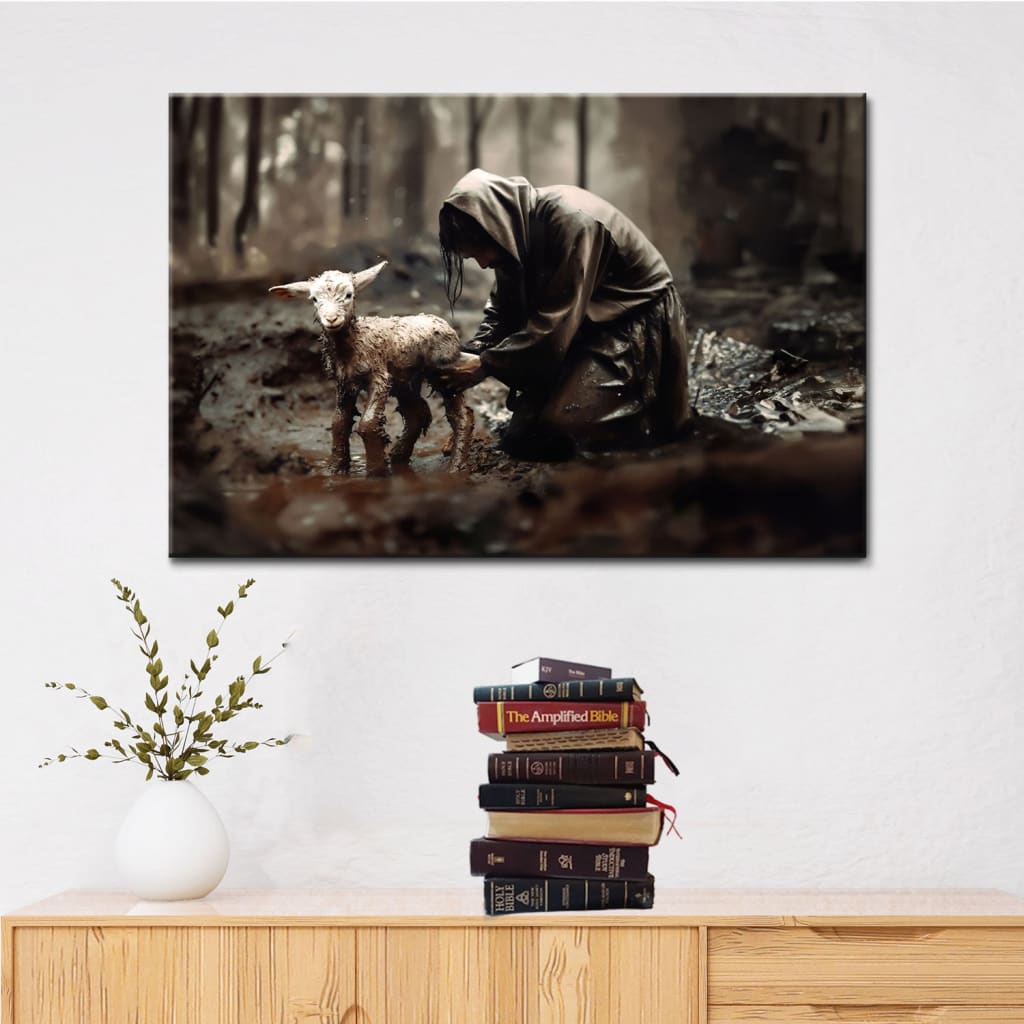 Inspirational canvas print with Jesus rescuing a lost lamb, ideal Christian wall art for homes.