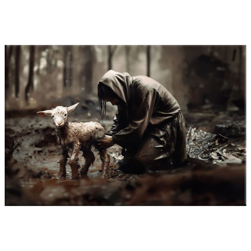 Jesus wall art canvas with Jesus rescuing a lost lamb, perfect for faith-filled home decor.
