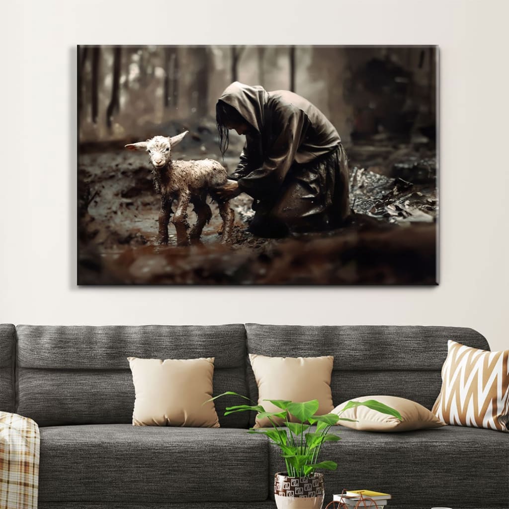 Faith-based wall art displaying Jesus saving a lost lamb, great religious decor for Christian homes.
