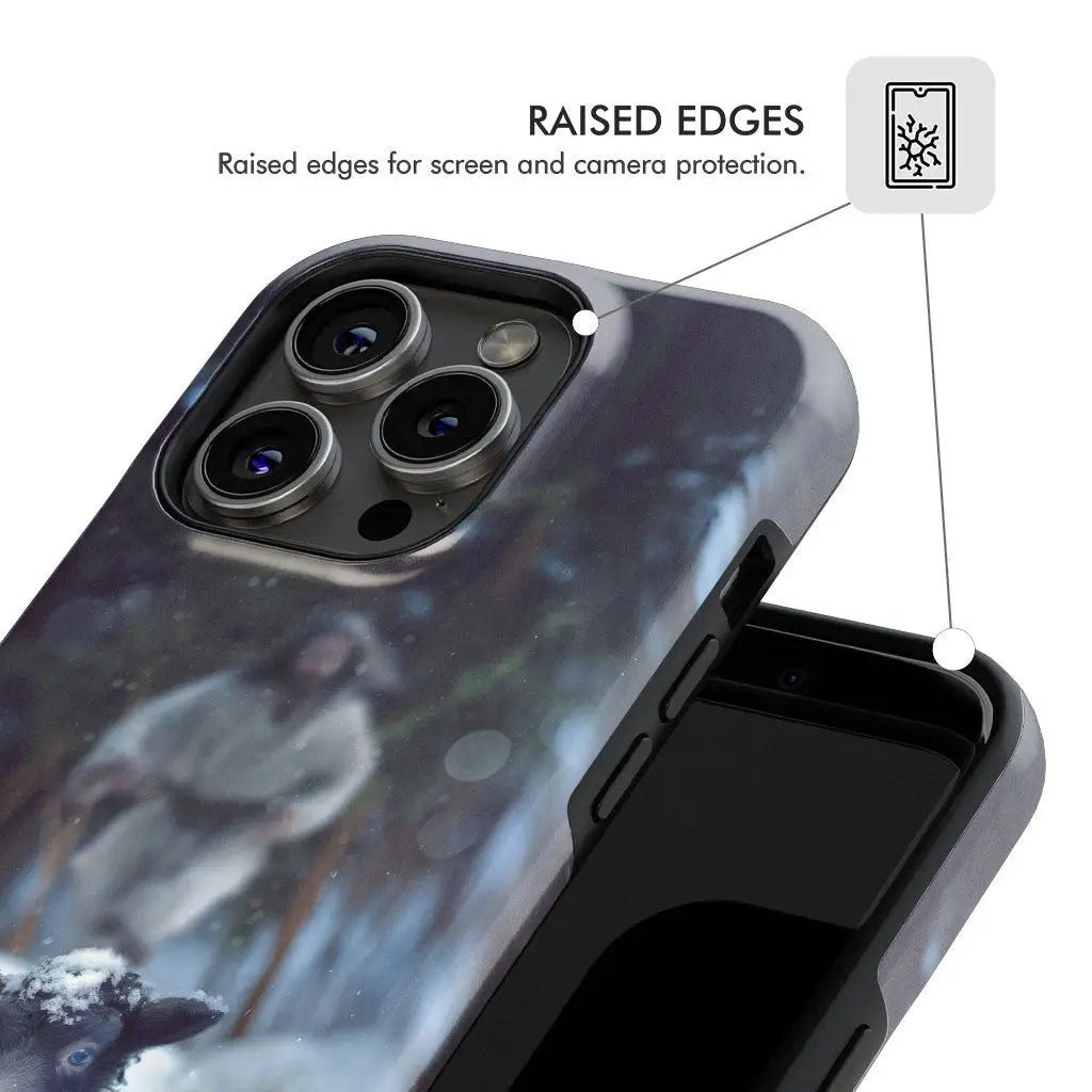 Inspirational phone case of Jesus in a snowy forest, saving a lost sheep, ideal for a faith-filled design.
