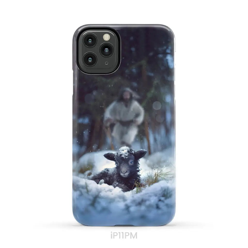 Jesus Running to Rescue a Lost Sheep in a Snowy Forest Phone Case iPhone 11 Pro Max / Tough Case