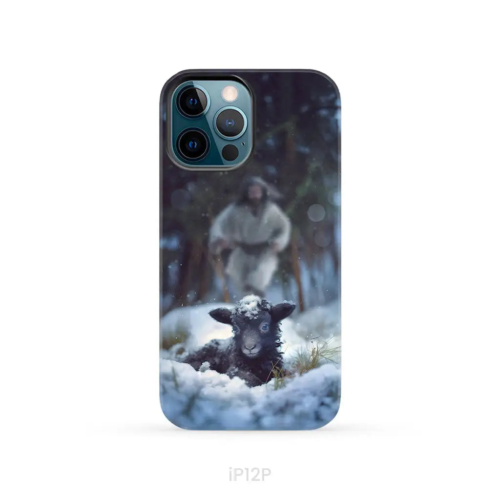 Jesus Running to Rescue a Lost Sheep in a Snowy Forest Phone Case iPhone 12 Pro / Tough Case