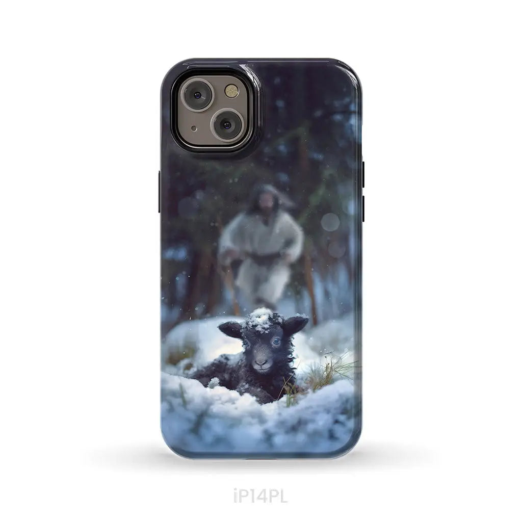 Jesus Running to Rescue a Lost Sheep in a Snowy Forest Phone Case iPhone 14 Plus / Tough Case