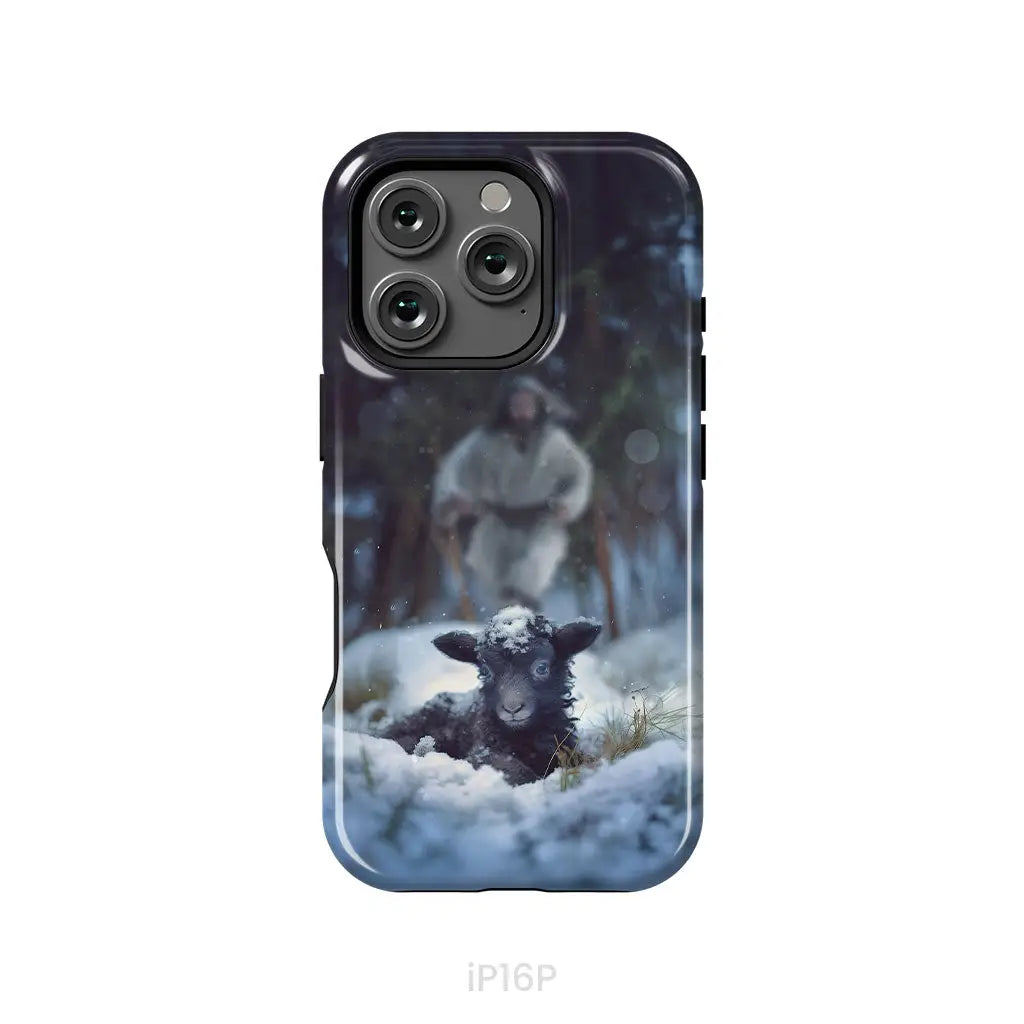Jesus Running to Rescue a Lost Sheep in a Snowy Forest Phone Case iPhone 16 Pro / Tough Case