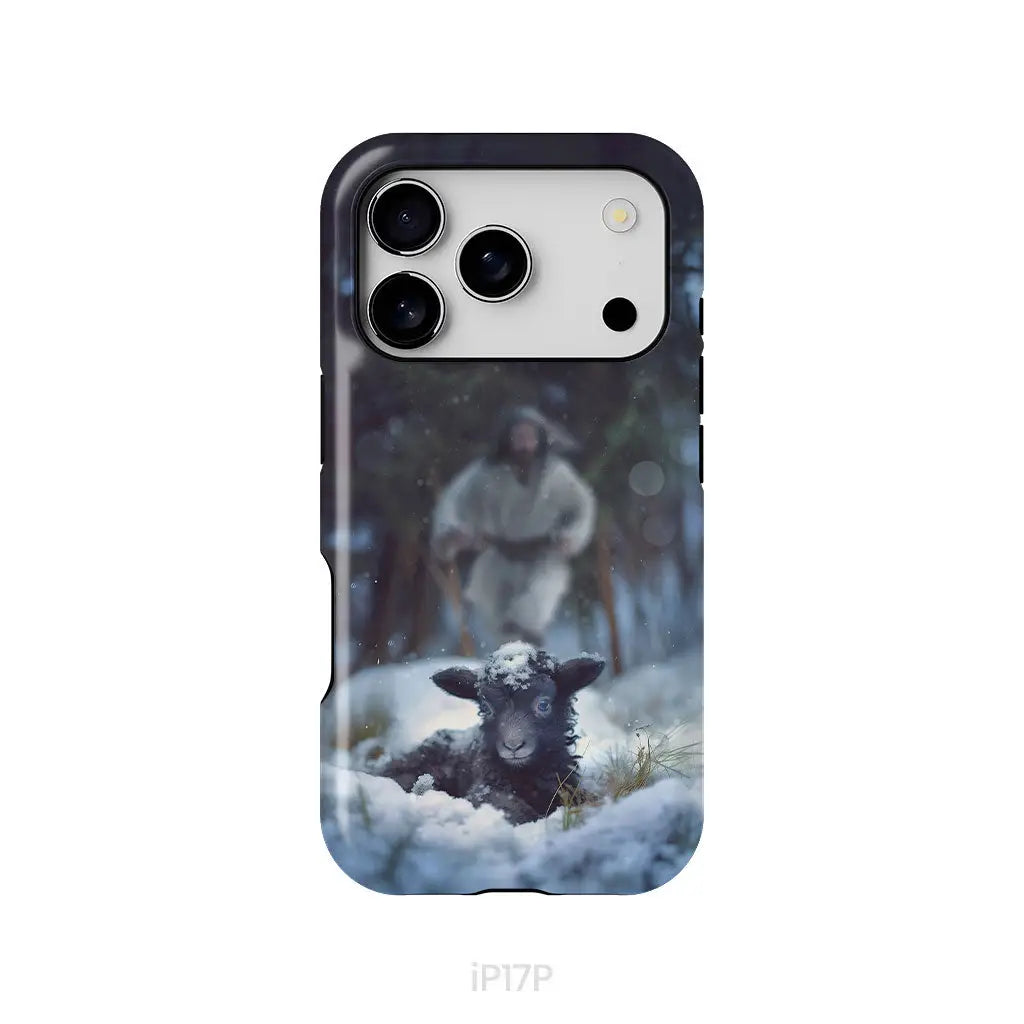 Jesus Running to Rescue a Lost Sheep in a Snowy Forest Phone Case iPhone 17 Pro / Tough Case