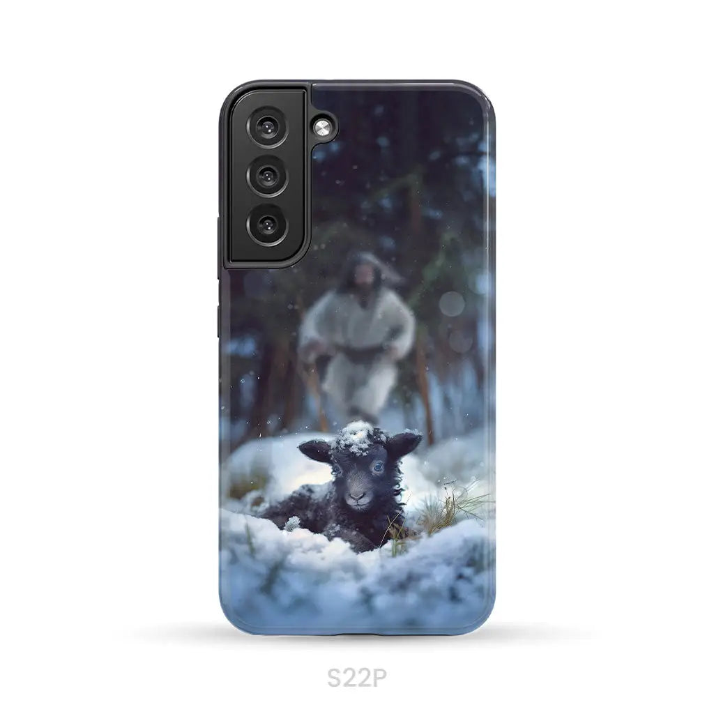 Jesus Running to Rescue a Lost Sheep in a Snowy Forest Phone Case Samsung Galaxy S22 Plus / Tough Case