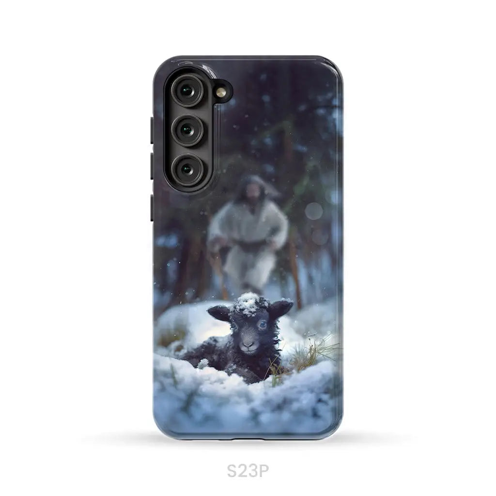 Jesus Running to Rescue a Lost Sheep in a Snowy Forest Phone Case Samsung Galaxy S23 Plus / Tough Case