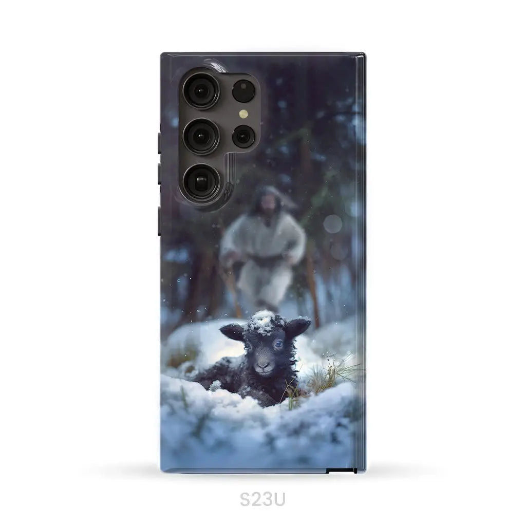 Jesus Running to Rescue a Lost Sheep in a Snowy Forest Phone Case Samsung Galaxy S23 Ultra / Tough Case