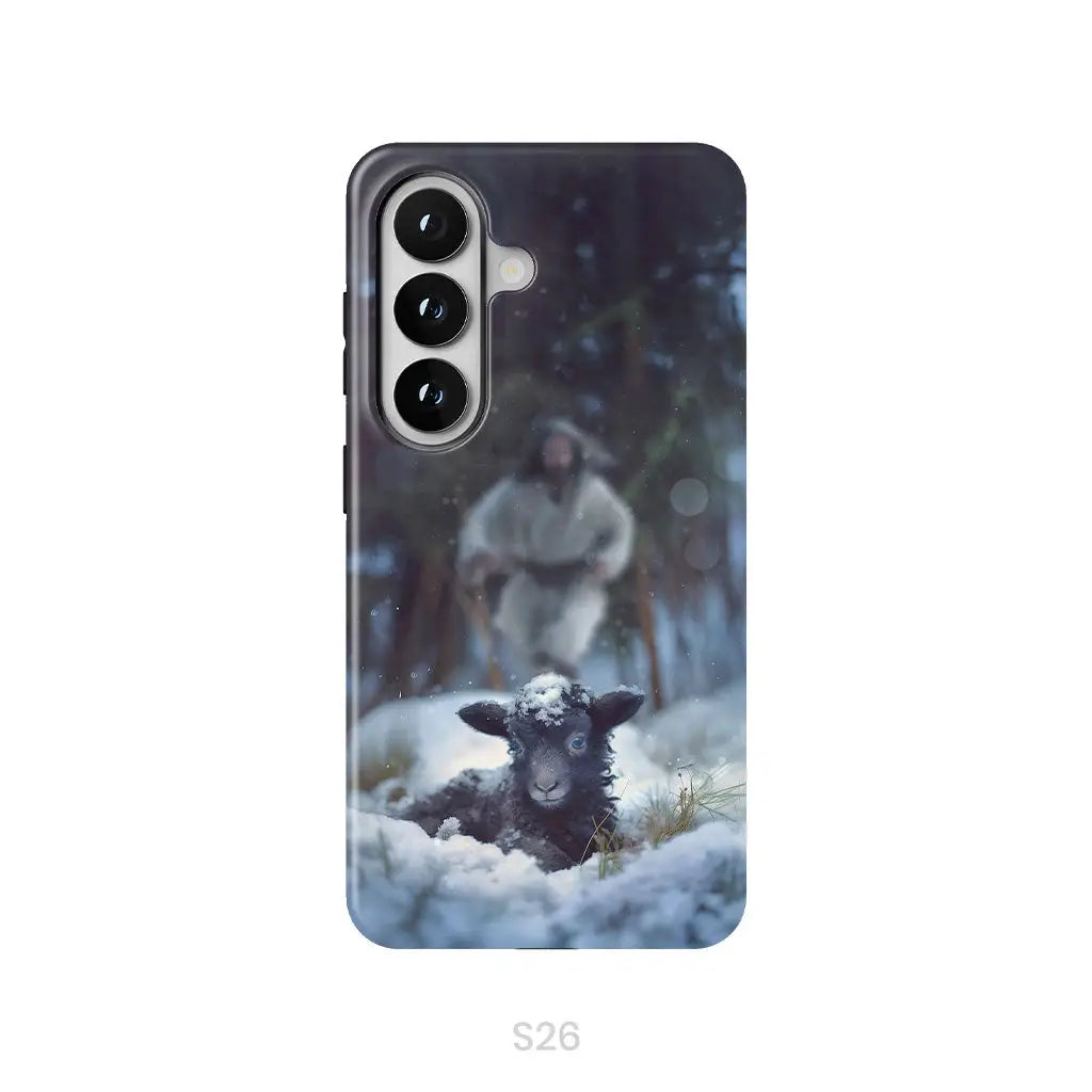 Jesus Running to Rescue a Lost Sheep in a Snowy Forest Phone Case Samsung Galaxy S26 / Tough Case