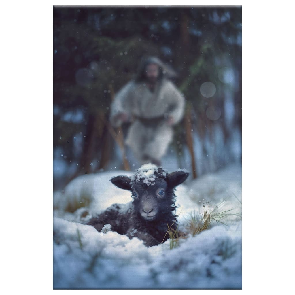 Christian wall art canvas print showing Jesus running to save a lost sheep in a snowy forest, great religious gift.