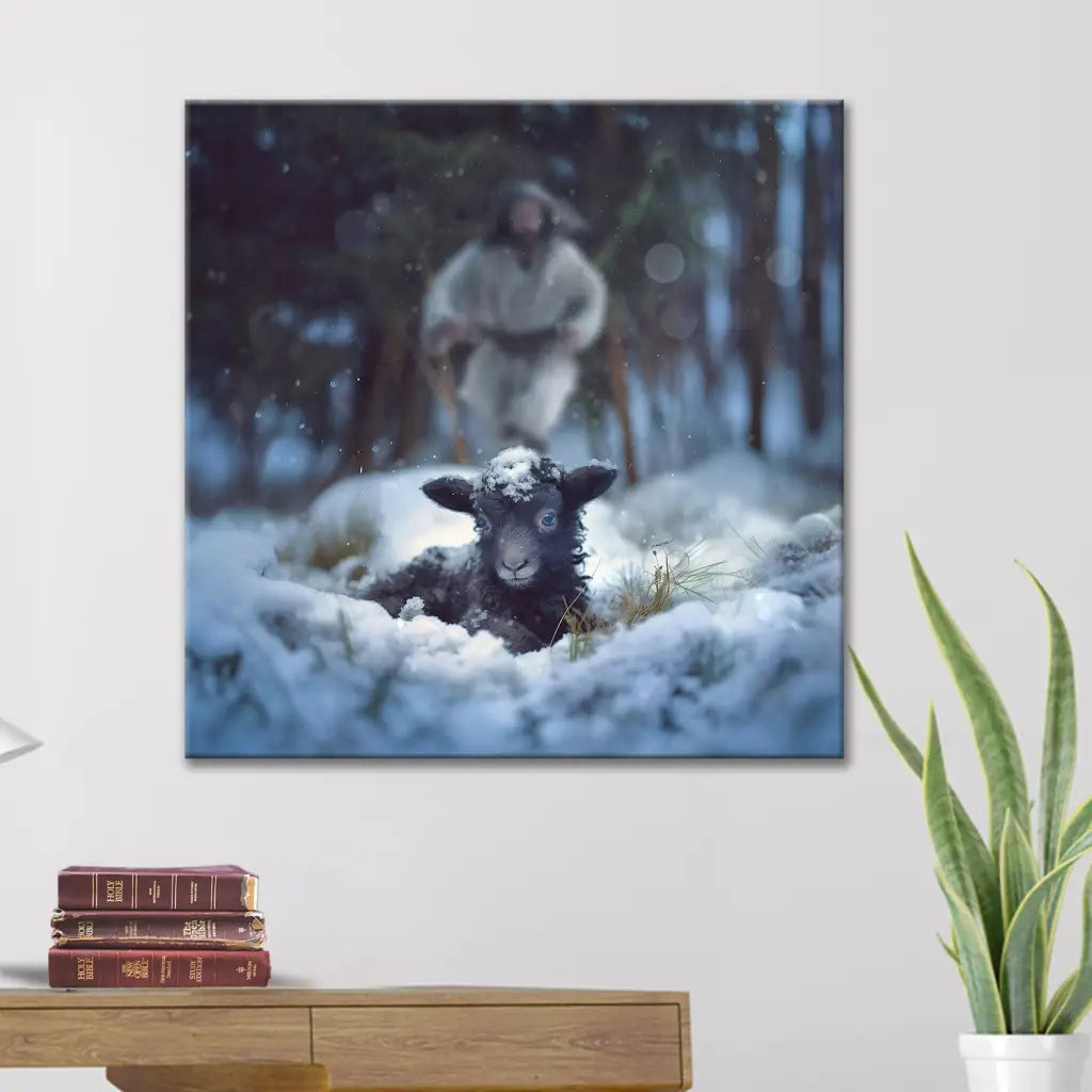 Square Christian wall art of Jesus rescuing a lost sheep in a snowy forest, perfect for Christmas gifts.