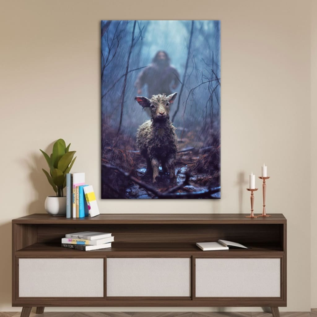 Christian Wall Art, Jesus Running Toward a Lost Lamb in a Dark Rainy Forest Wall Art Canvas