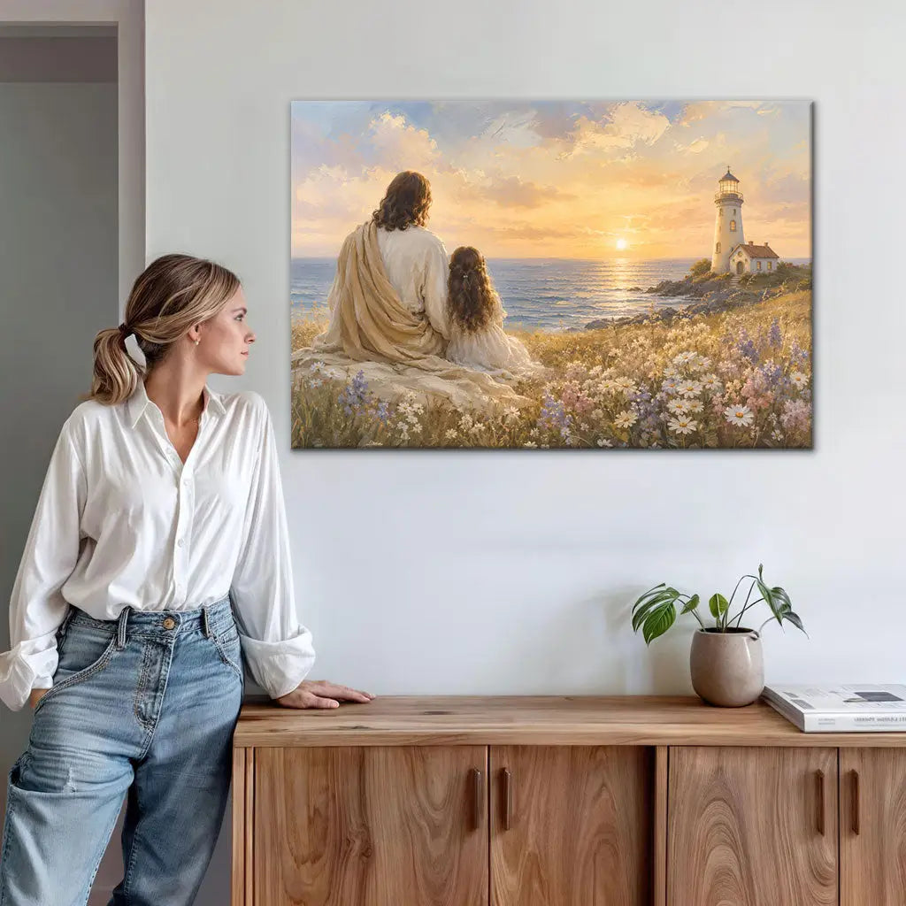 Jesus sitting with a little girl by the sea lighthouse sunset Christian wall art canvas