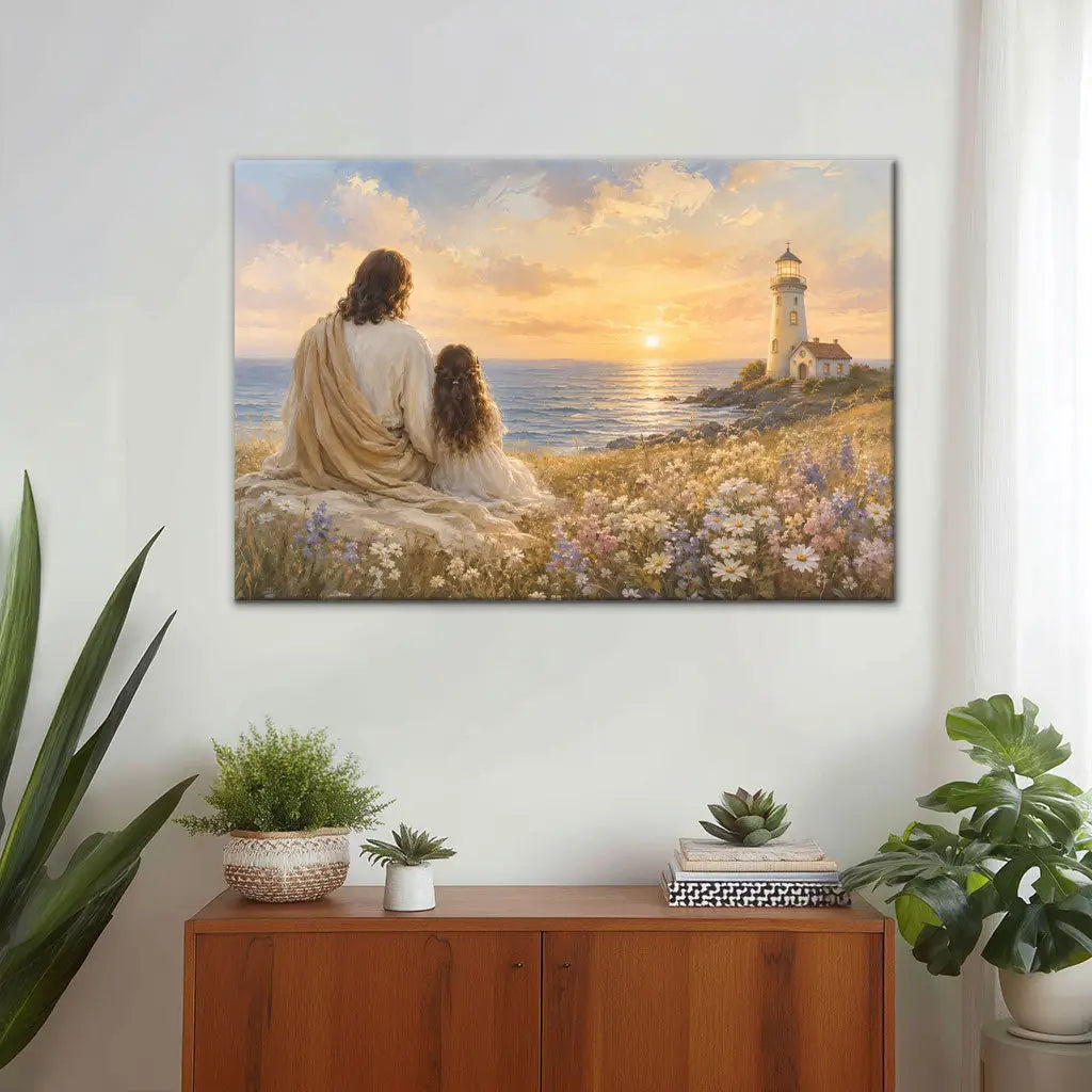 Jesus with child by the sea Christian canvas print with lighthouse and peaceful sunset