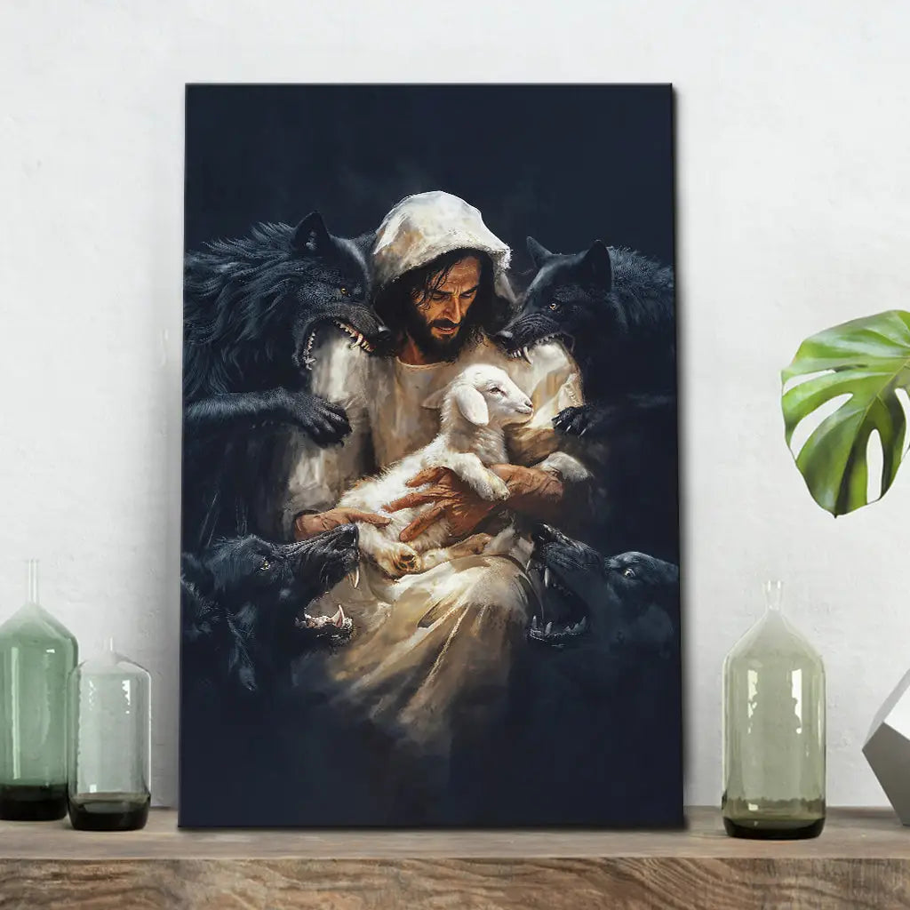 Inspirational wall art featuring Jesus protecting His lamb from wolves, symbolizing divine care and faith in Christian art.