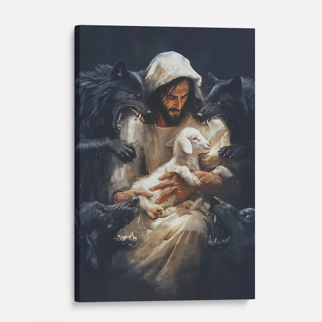 Wall art canvas depicting Jesus, the Good Shepherd, protecting His lamb from wolves, ideal for Christian and inspirational decor.