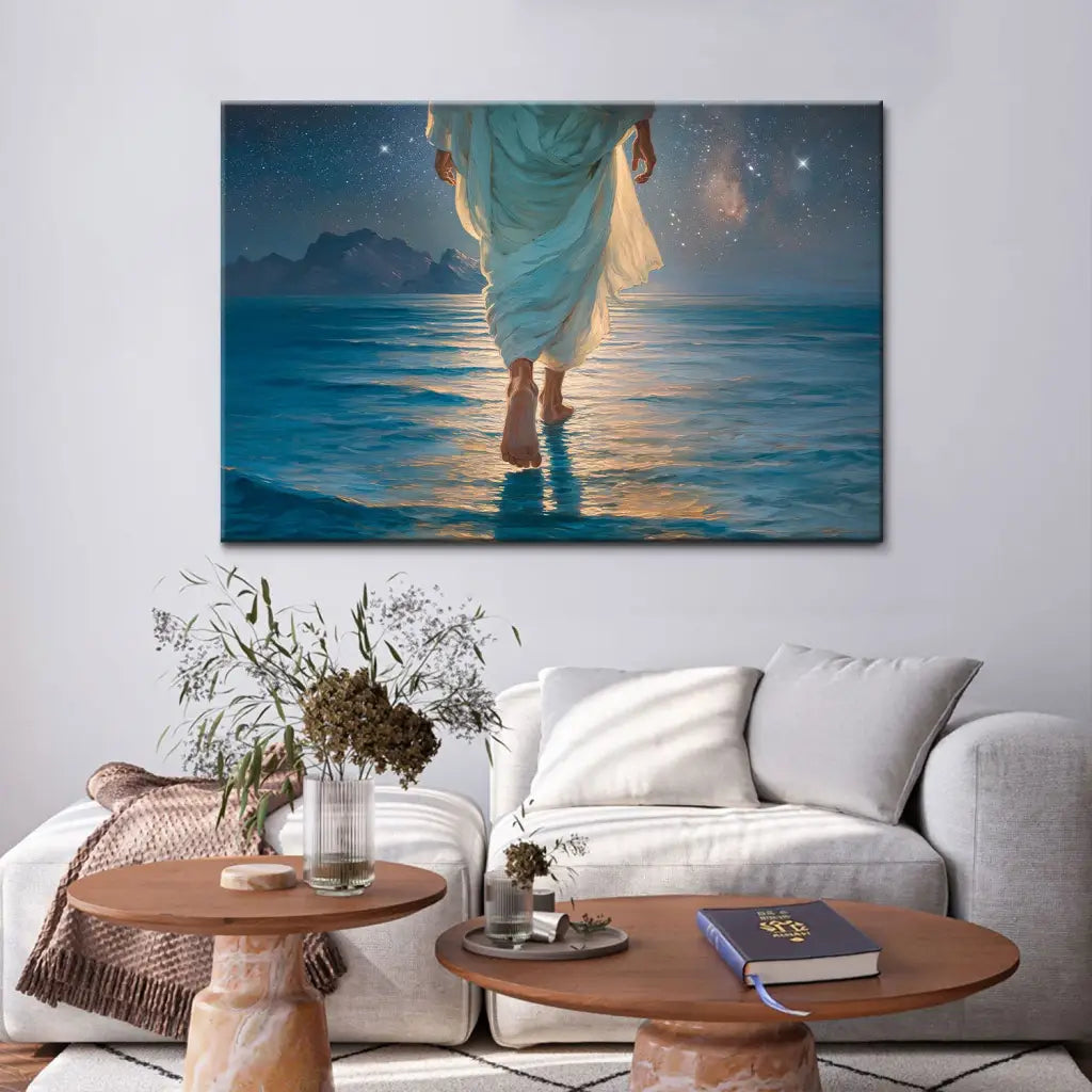 Jesus Walking on Water Christian Wall Art Canvas – Calm Sea Glowing Night Sky