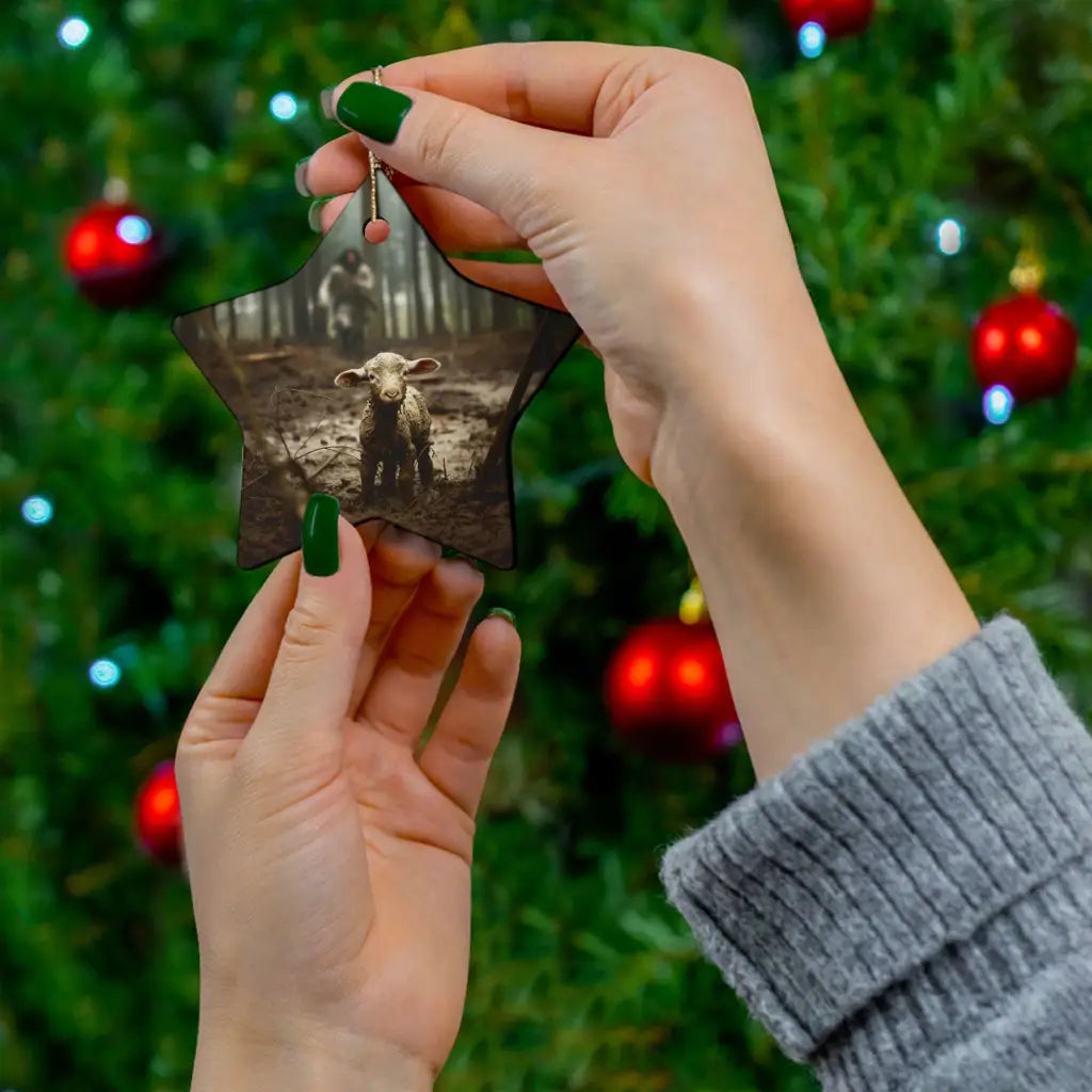 Inspirational ornament showing Jesus with sheep, a meaningful Christian gift for Christmas decor.