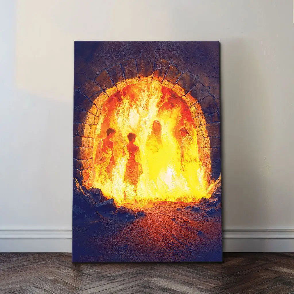 Christian wall art showing Jesus with Shadrach, Meshach, and Abednego in the fiery furnace.