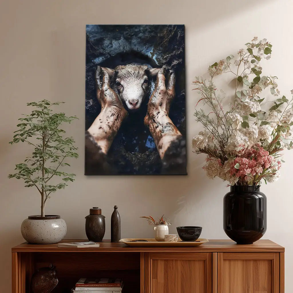 Jesus saves lost lamb in the mud, faith-based Christian home decor, inspirational Scripture gift.