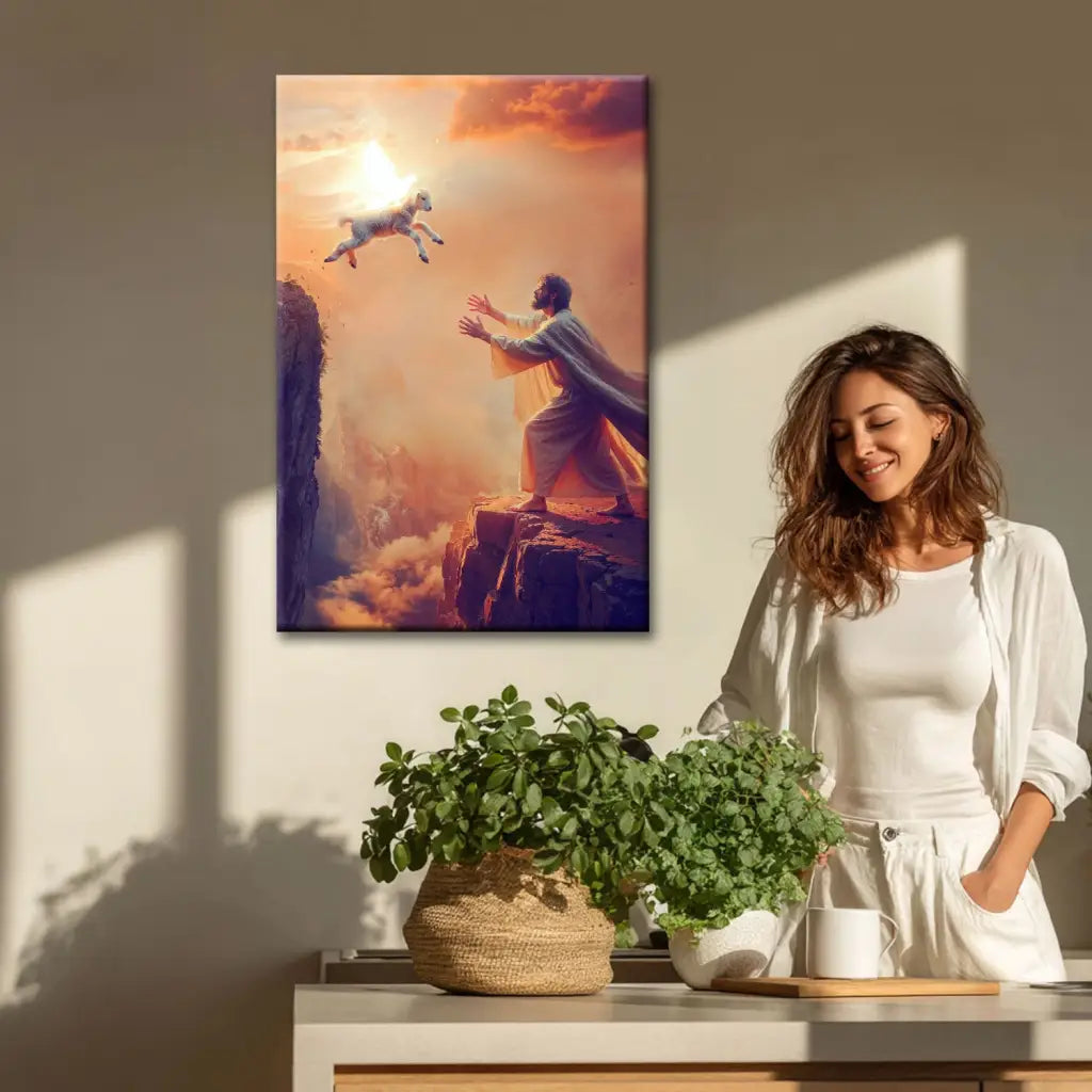 Faith-based wall art of Jesus and lamb, Christian gift with scripture for grandparents or loved ones.