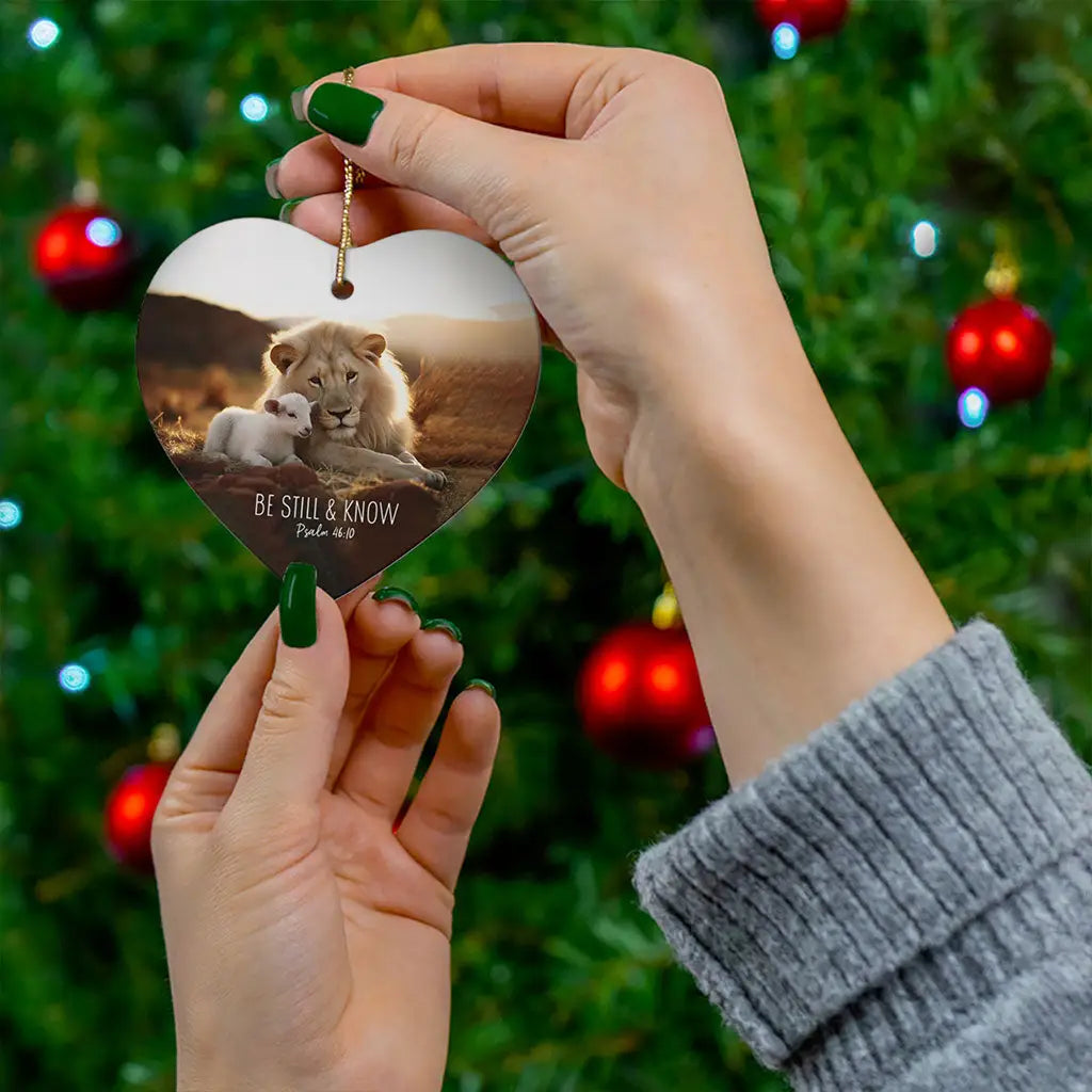 Psalm 46:10 ornament featuring the Lion and Lamb, symbolizing stillness and faith during Christmas.